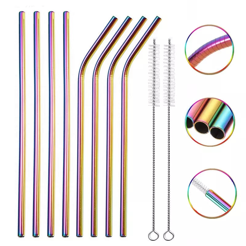 Reusable 304 Stainless Steel Rainbow Straws Set - Eco-Friendly Drinking Straws Ideal for Party Beverages and Milkshakes with Cleaning Brush, Drinkware Accessories