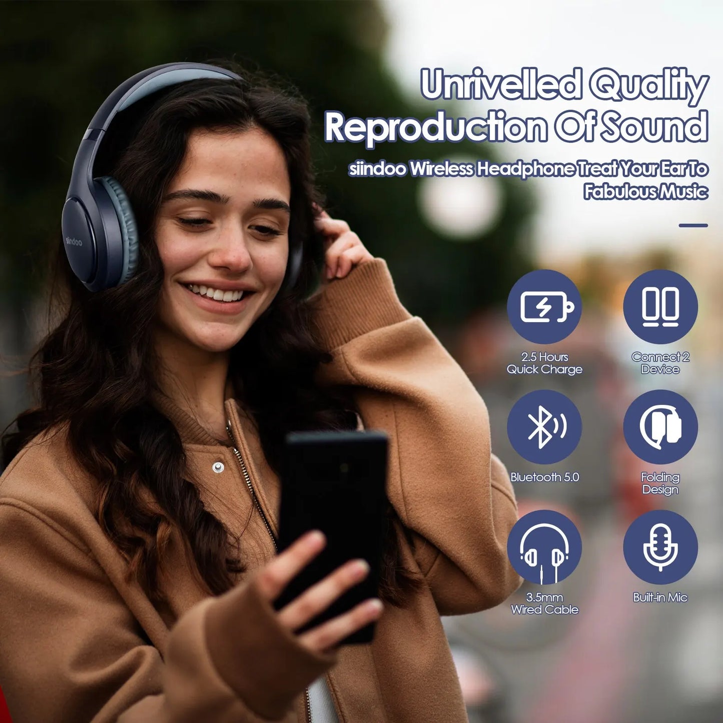 Siindoo JH-919 Bluetooth Headphones- Foldable, Super Bass, Pink/Blue Stereo Earphones with Noise-Cancelling Mic for Laptop/TV