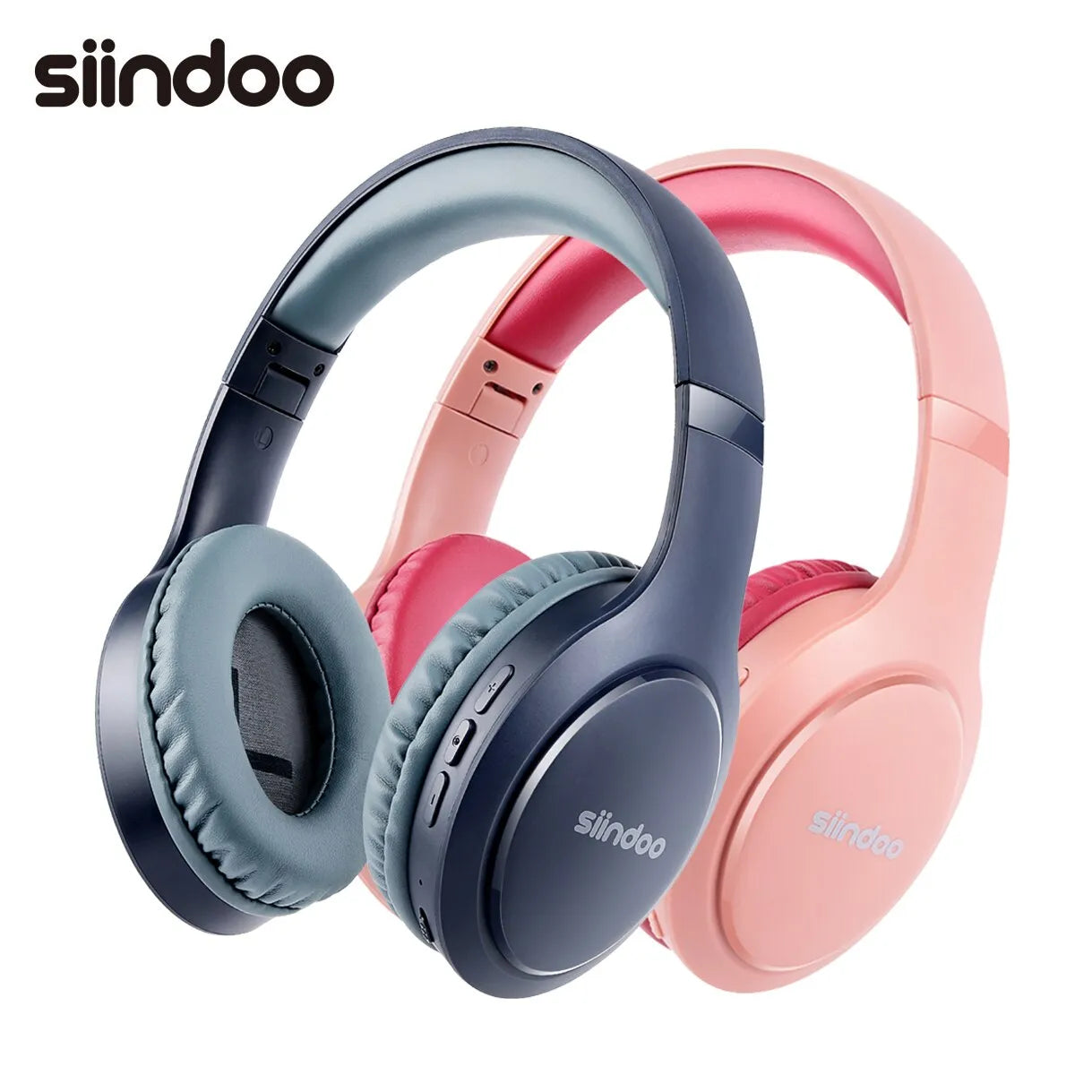 Siindoo JH-919 Bluetooth Headphones- Foldable, Super Bass, Pink/Blue Stereo Earphones with Noise-Cancelling Mic for Laptop/TV
