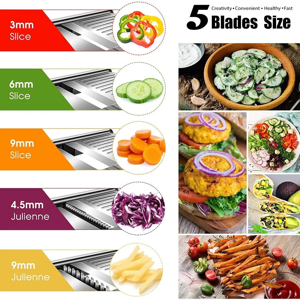 Professional Adjustable Mandoline Slicer - 304 Stainless Steel Vegetable Cutter and Grater with Blades - Premium Kitchen Gadgets