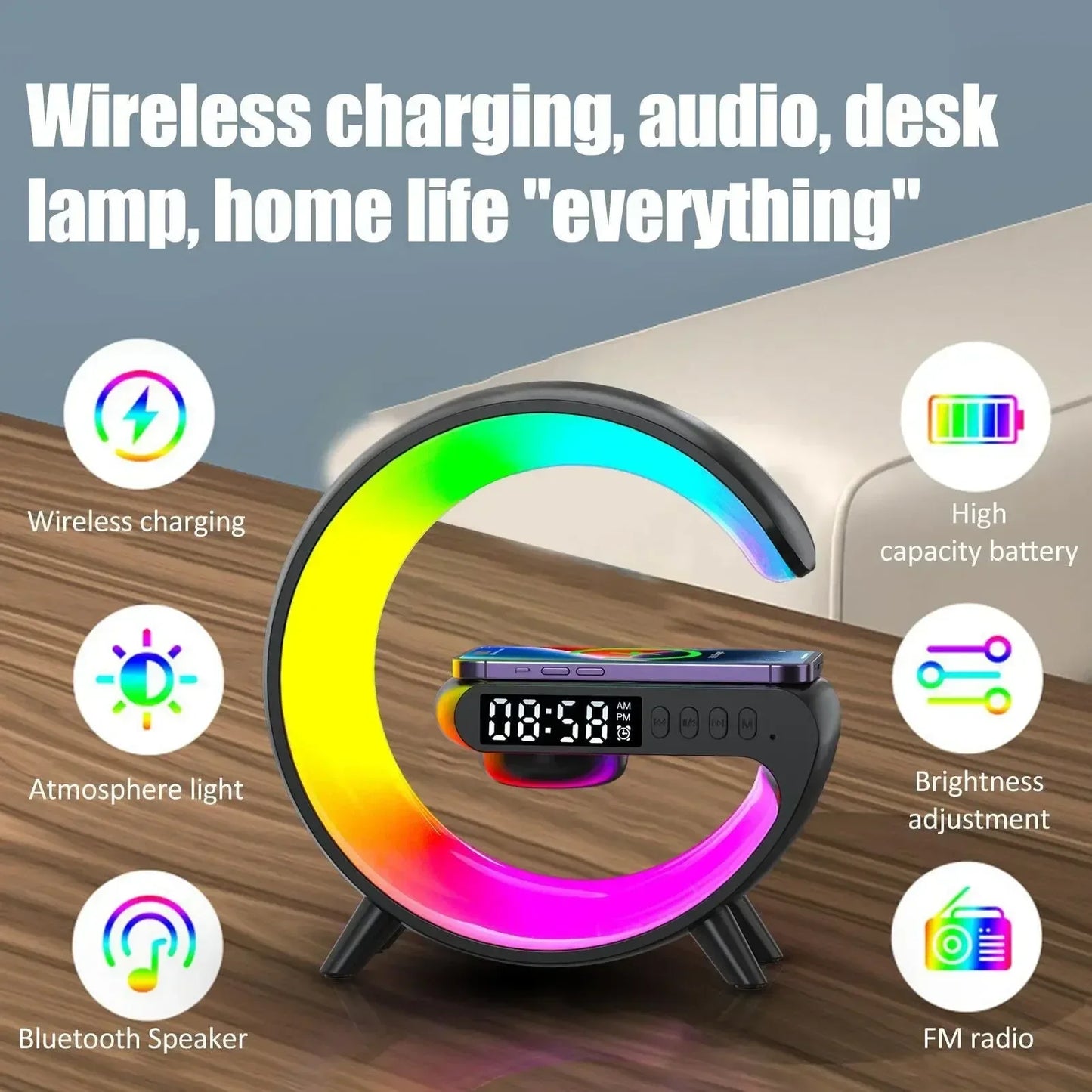 15W Fast Wireless Charger with Bluetooth Speaker, Alarm Clock, and Stylish Smart Lamp - Ideal Home Decor & Gift for Girls
