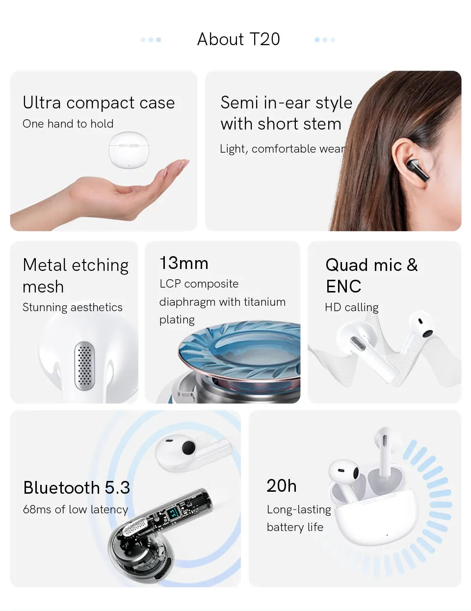 QCY T20 TWS Bluetooth 5.3 Wireless Earbuds - Low Latency, HIFI Sound, 13mm Driver, Quad-Microphone ENC for HD Calls