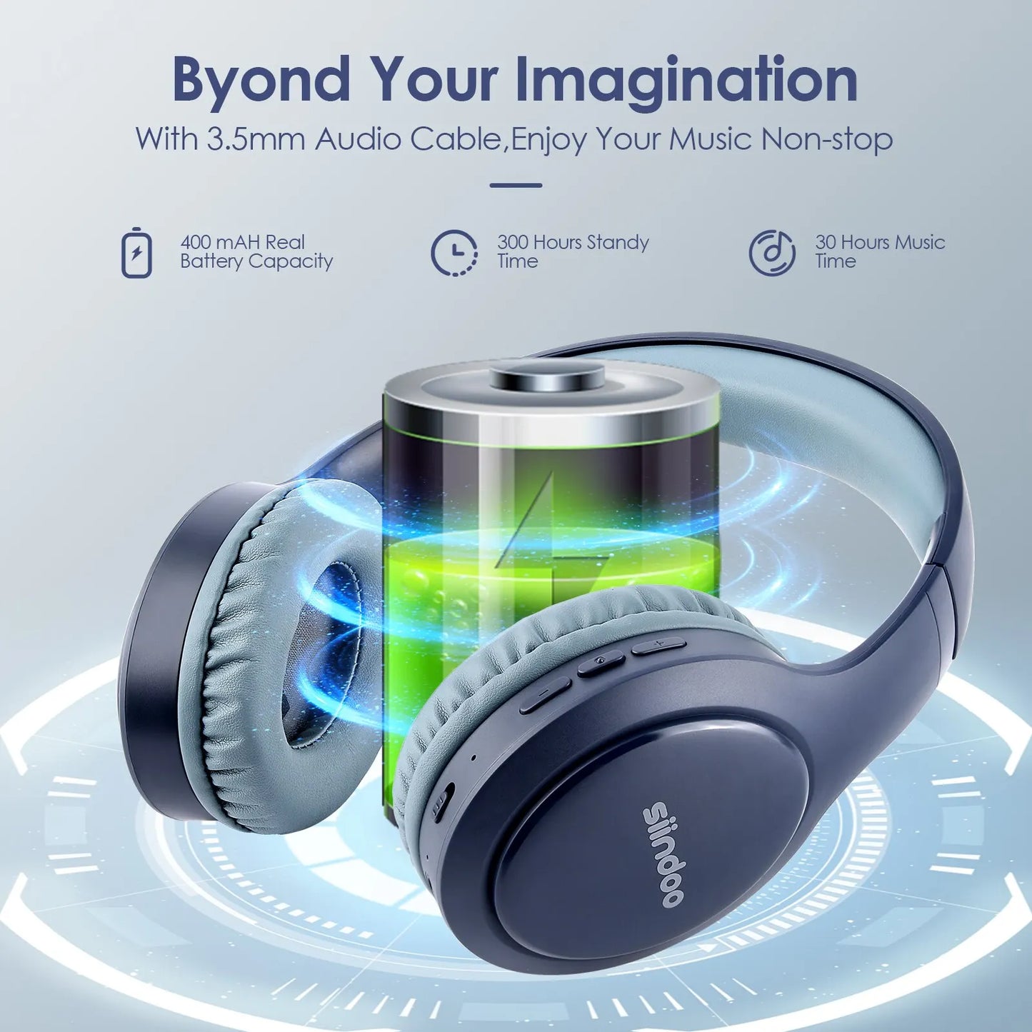 Siindoo JH-919 Bluetooth Headphones- Foldable, Super Bass, Pink/Blue Stereo Earphones with Noise-Cancelling Mic for Laptop/TV
