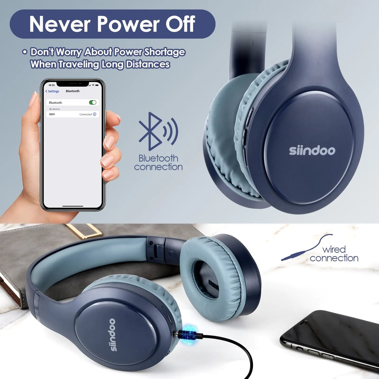 Siindoo JH-919 Bluetooth Headphones- Foldable, Super Bass, Pink/Blue Stereo Earphones with Noise-Cancelling Mic for Laptop/TV