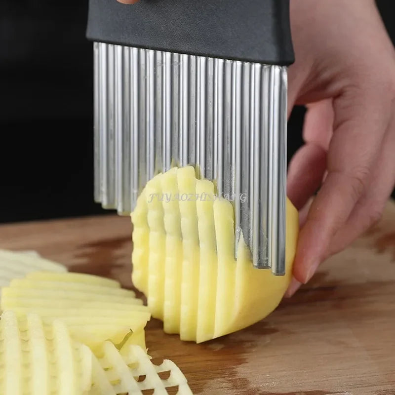 Stainless Steel Potato Chip Slicer and Dough Vegetable Fruit Crinkle Wavy Kitchen Knife Cutter Chopper - French Fry Maker Tools Gadget