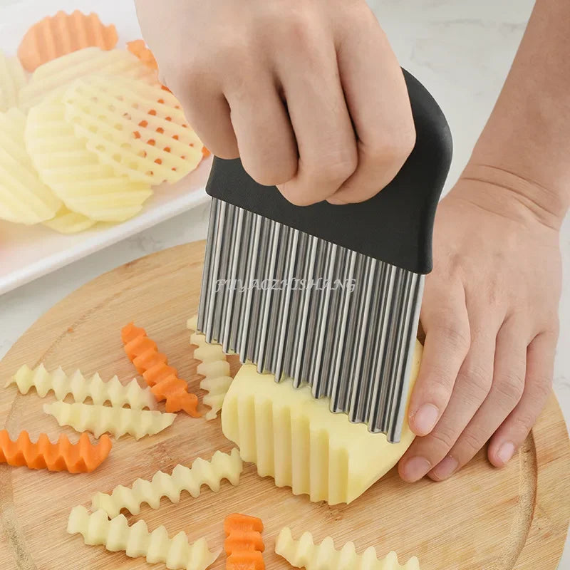 Stainless Steel Potato Chip Slicer and Dough Vegetable Fruit Crinkle Wavy Kitchen Knife Cutter Chopper - French Fry Maker Tools Gadget