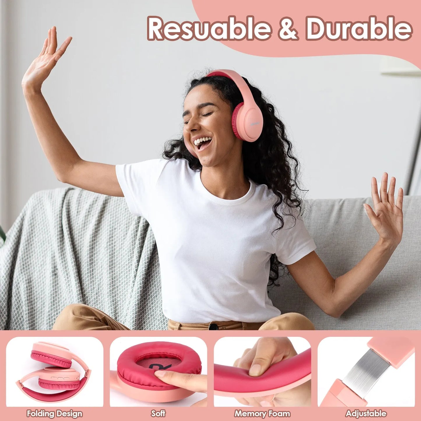 Siindoo JH-919 Bluetooth Headphones- Foldable, Super Bass, Pink/Blue Stereo Earphones with Noise-Cancelling Mic for Laptop/TV